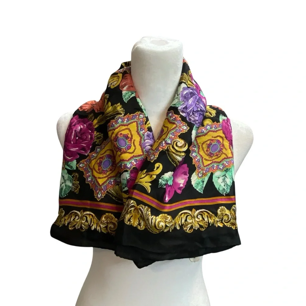 Jacqueline Ferrar Multi Color Bright Black Purple Floral square 100% Silk Scarf